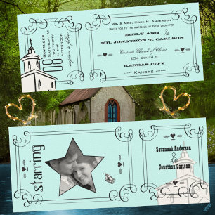 Aqua Romantic Chapel Ticket Wedge Einladung