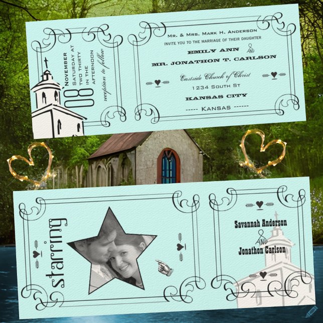 Aqua Romantic Chapel Ticket Wedge Einladung (Von Creator hochgeladen)