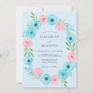 Aqua-Rosa-Anemonen-Hochzeit Einladung