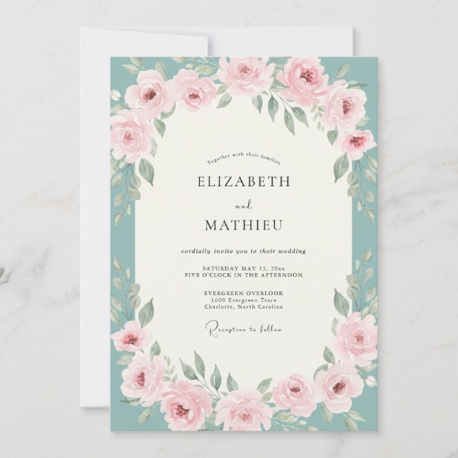 Aqua-Rosé-Hochzeit Einladung (Vorderseite)