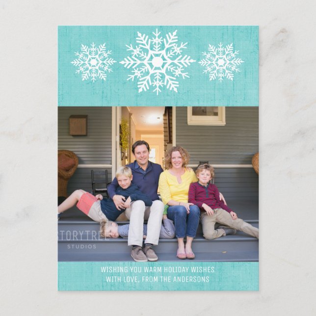 Aqua Rustic Snowflake Foto Feiertagspostkarte (Vorderseite)