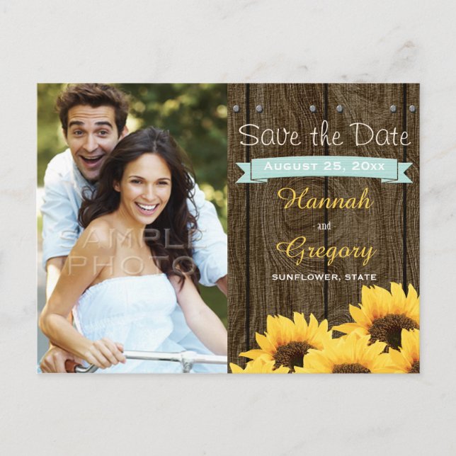 AQUA RUSTIC SUNFLOWER SAVE THE DATE POSTCARD ANKÜNDIGUNGSPOSTKARTE (Vorderseite)