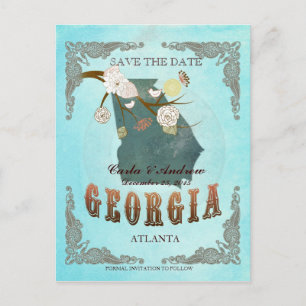 Aqua Save the Date - Georgia Map mit schönen Vögel Ankündigungspostkarte
