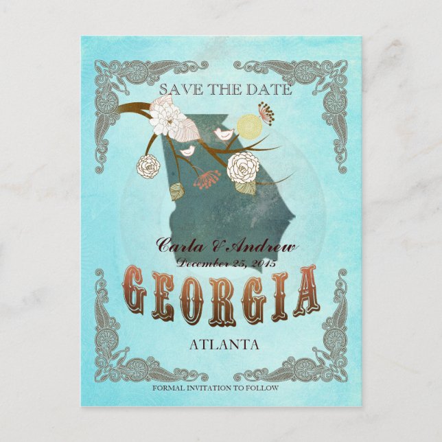 Aqua Save the Date - Georgia Map mit schönen Vögel Ankündigungspostkarte (Vorderseite)