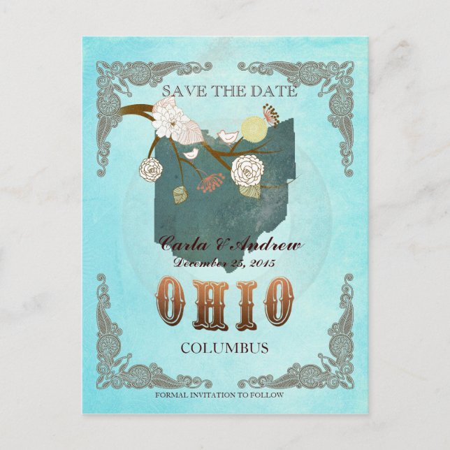 Aqua Save the Date - Ohio Karte mit hübschen Vögel (Vorderseite)