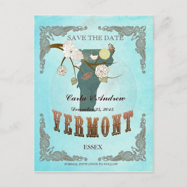 Aqua Save the Date - Vermont Karte mit hübschen Vö (Vorderseite)