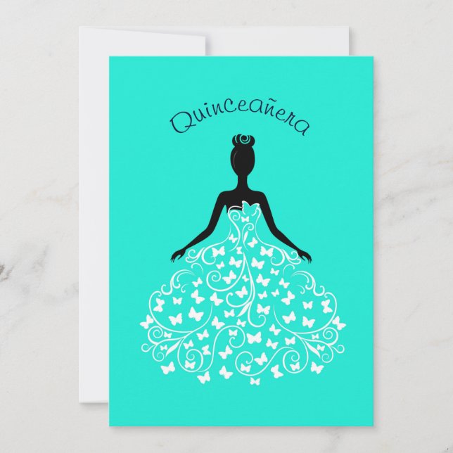 Aqua-Schmetterling Quinceanera Ballkleid-Einladung Einladung (Vorderseite)