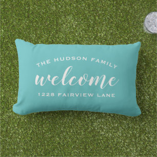 Aqua-Schrift-Willkommens-Monogramm-Veranda Kissen Für Draußen