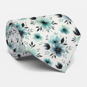 Aqua + Schwarze Faux-Seidentie Wasserfarbenes Fl Krawatte