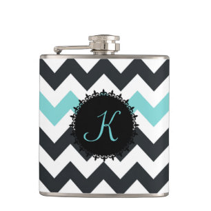 Aqua-schwarze Zickzack Monogramm-Flasche Flachmann