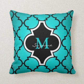 Aqua schwarzes Quatrefoil Muster-mit Monogramm Kissen