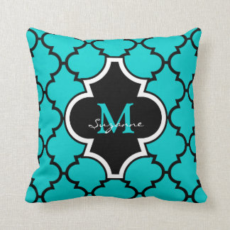 Aqua schwarzes Quatrefoil Muster-mit Monogramm Kissen