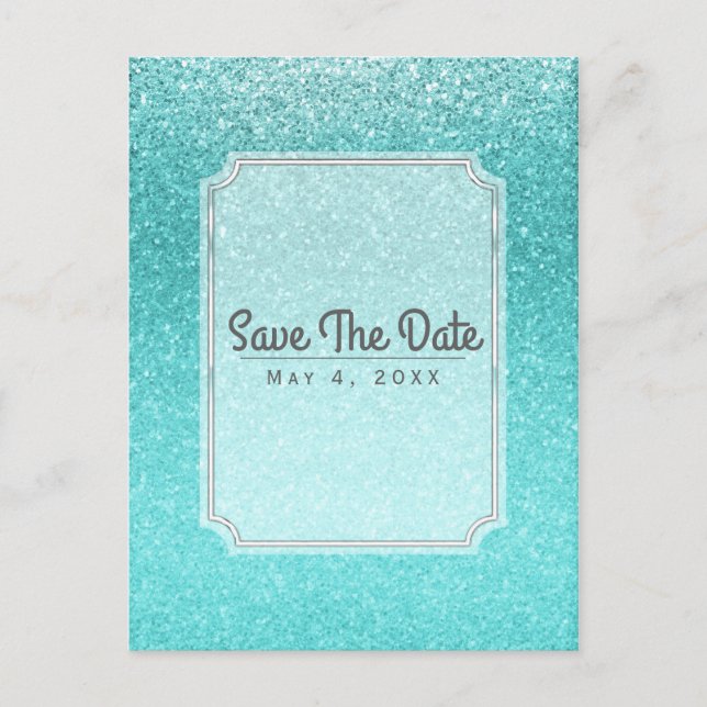 Aqua Sea Blue Glitzer Sparkone Party Save the Date Ankündigungspostkarte (Vorderseite)
