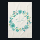 Aqua Sea Green Floral Wreath Personalisiert Geschirrtuch<br><div class="desc">Aqua Sea Green Blumenstrauß Personalisierte Küche Handtuch</div>