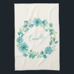 Aqua Sea Green Floral Wreath Personalisiert Geschirrtuch<br><div class="desc">Aqua Sea Green Blumenstrauß Personalisierte Küche Handtuch</div>