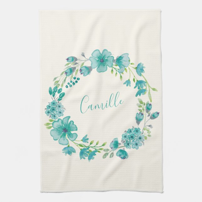 Aqua Sea Green Floral Wreath Personalisiert Geschirrtuch (Vertikal)