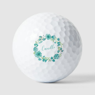 Aqua Sea Green Floral Wreath Personalisiert Golfball