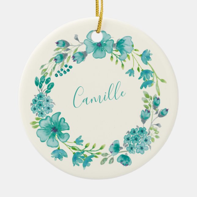 Aqua Sea Green Floral Wreath Personalisiert Keramik Ornament (Vorne)