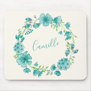Aqua Sea Green Floral Wreath Personalisiert Mousepad