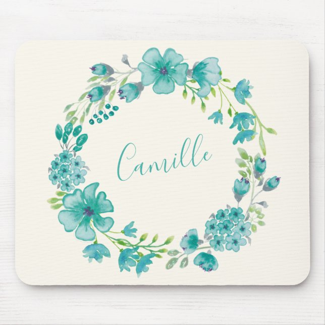 Aqua Sea Green Floral Wreath Personalisiert Mousepad (Vorne)