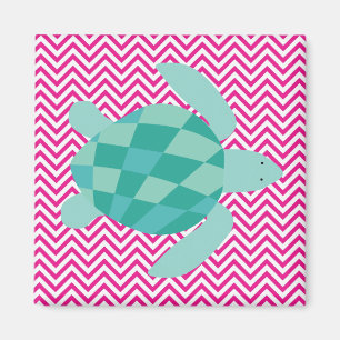 Aqua Sea Turtle on Pink Zickzack Strip Magnet