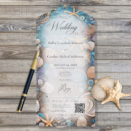 Aqua Seashell Rustic Beach QR Code All In One Einladung