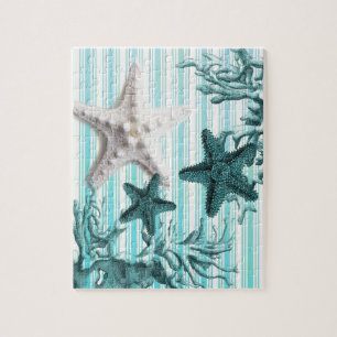 Aqua seashells blue star fish puzzle
