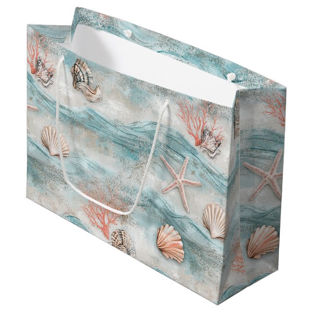 Aqua-Seaside-Korallenstrand-Muster Große Geschenktüte (Vorderseite Schrägansicht)