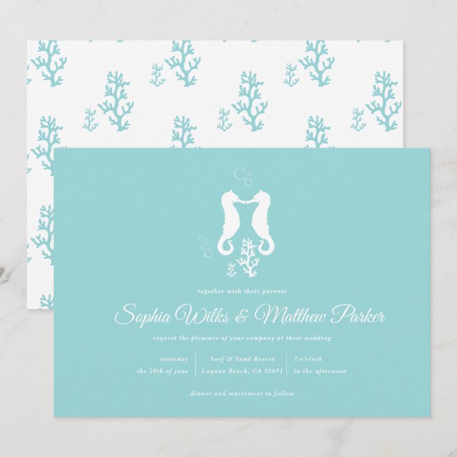 Aqua Seepferd Beach Hochzeit Einladung (Vorne/Hinten)