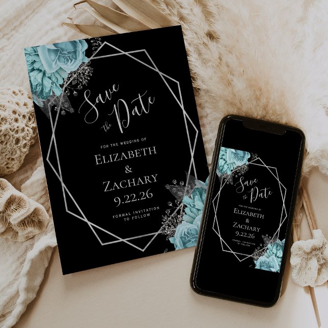 Aqua Silber Blumen Geometrisch Schwarz Save the Da Date (Von Creator hochgeladen)