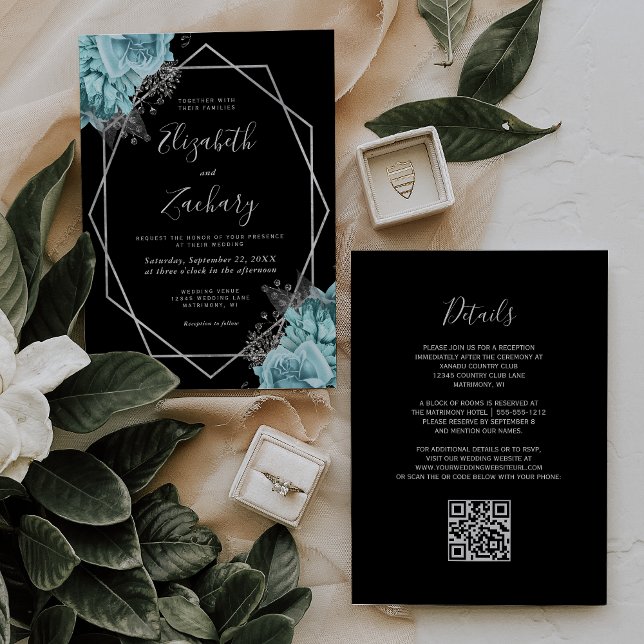 Aqua Silber Blumen Hochzeit mit QR-Code Schwarz Einladung (Von Creator hochgeladen)