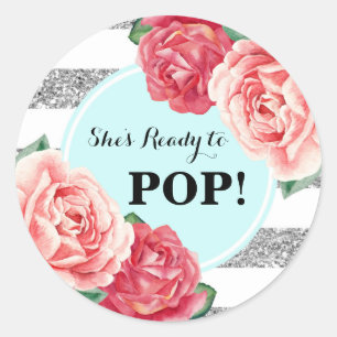 Aqua Silber Rosa Florales Babyshower Ready to Pop Runder Aufkleber