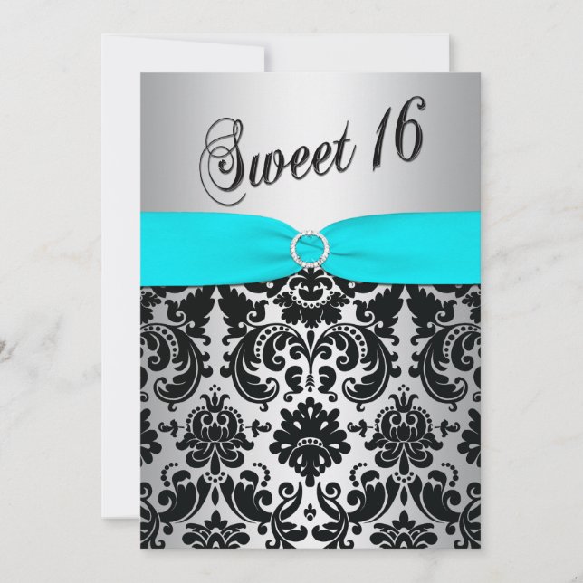 Aqua, Silber und Black Damask Sweet 16 Einladung (Vorderseite)