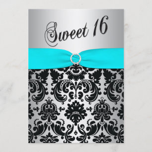 Aqua, Silber und Black Damask Sweet 16 Einladung