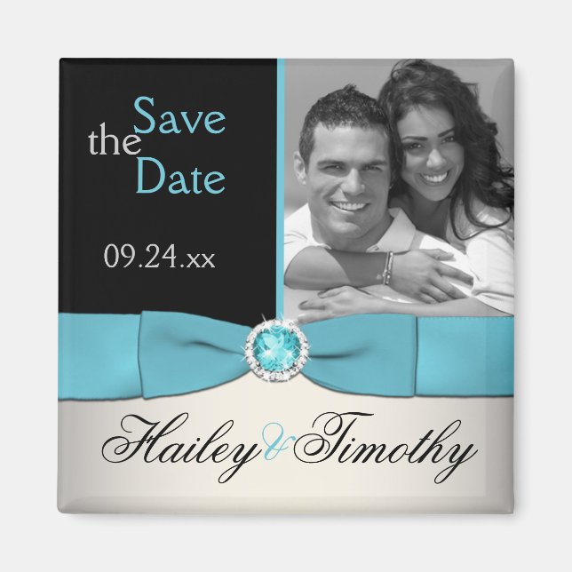 Aqua, Silber und Schwarz-Save the Date-Foto-Magnet Magnet (Vorne)