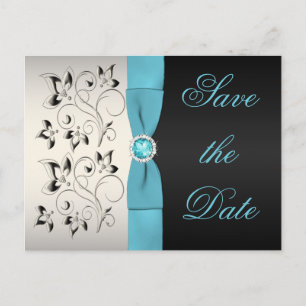 Aqua, Silber und Schwarze Flora Save the Date Ankündigungspostkarte