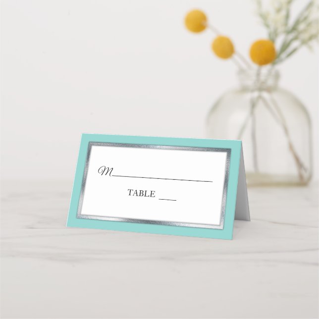Aqua | Silber | White Simple Elegante Platzkarten (Vorderseite)