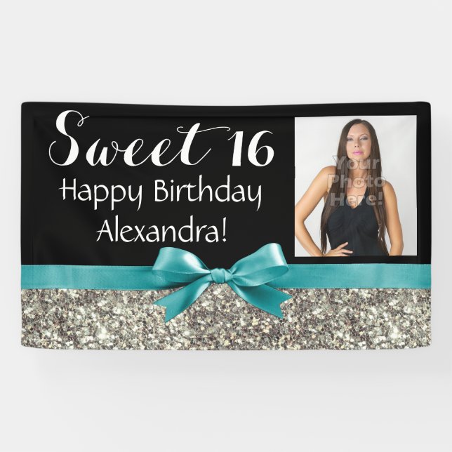 Aqua-silberner Glitzer-Foto-Bonbon 16 Banner (Horizontal)