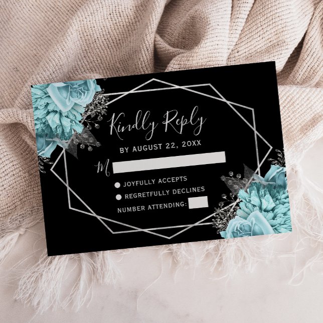 Aqua Silver Floral Geometric Black RSVP Karte (Von Creator hochgeladen)