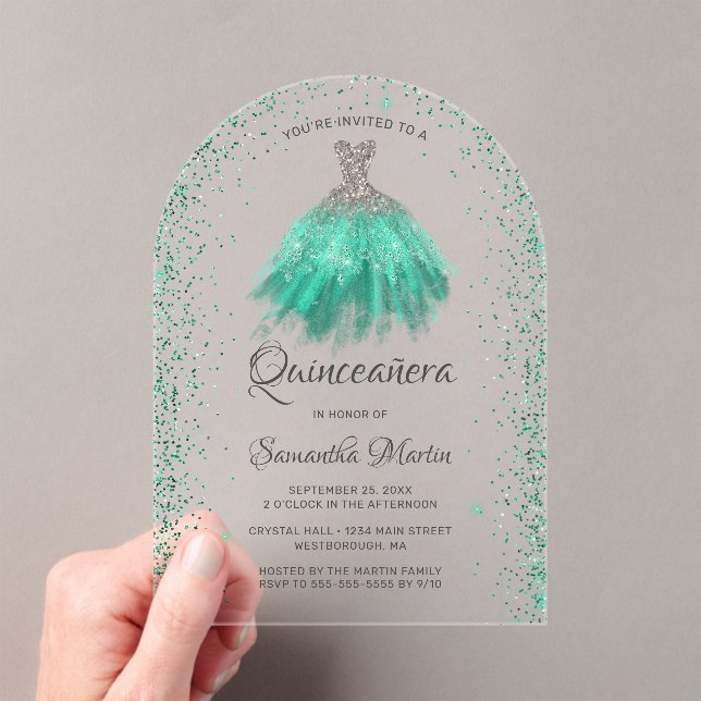 Aqua Silver Glitzer Dress Quinceañera Party Acryleinladungen (Insitu (Handheld))