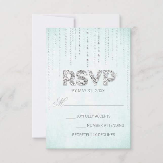 Aqua & Silver Glitzer Look Wedding RSVP Card (Vorderseite)