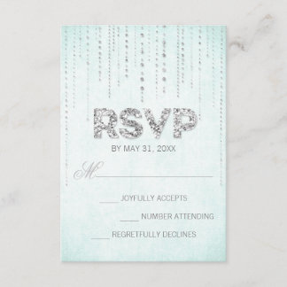 Aqua & Silver Glitzer Look Wedding RSVP Card Karte