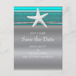 Aqua & Silver Starfish Beach Save the Date Ankündigungspostkarte
