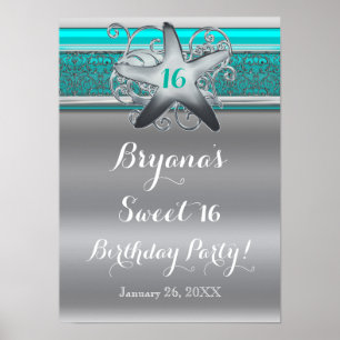 Aqua & Silver Starfish Beach Sweet 16 Banner Poster