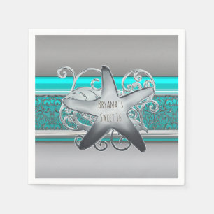 Aqua & Silver Starfish Elegantes Party Serviette