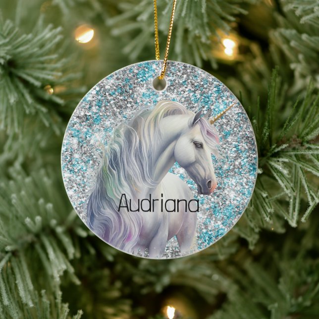 Aqua Silver Unicorn Glitzer Sparkle Keramik Ornament (Baum)