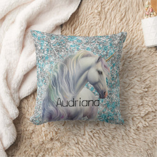 Aqua Silver Unicorn Glitzer Sparkle Kissen