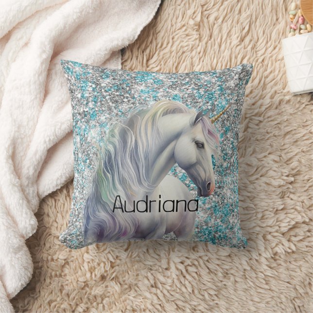 Aqua Silver Unicorn Glitzer Sparkle Kissen (Decke)