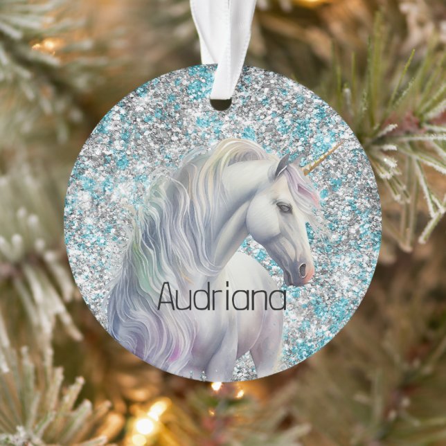 Aqua Silver Unicorn Glitzer Sparkle Ornament (Baum)