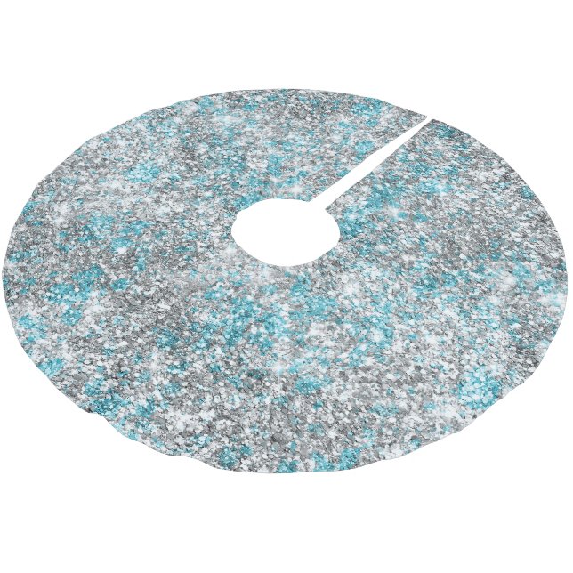 Aqua Silver Unicorn Glitzer Sparkle Polyester Weihnachtsbaumdecke (Schrägansicht)